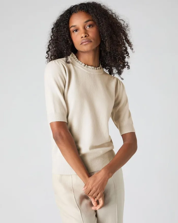 NPeal Tops and Tshirts Women Ruffle Trim Cashmere TShirt Almond White