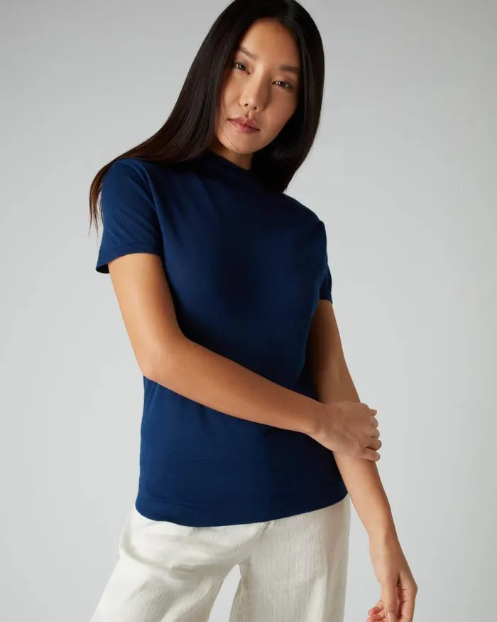 NPeal Tops and Tshirts Women Superfine Mock Neck Cashmere TShirt French Blue