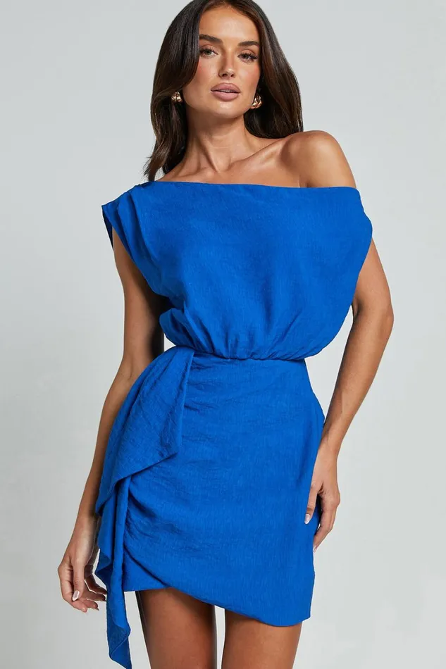 Niana Mini Dress 8211 Drape One Shoulder Dress In Blue Women Showpo Curve Clothes