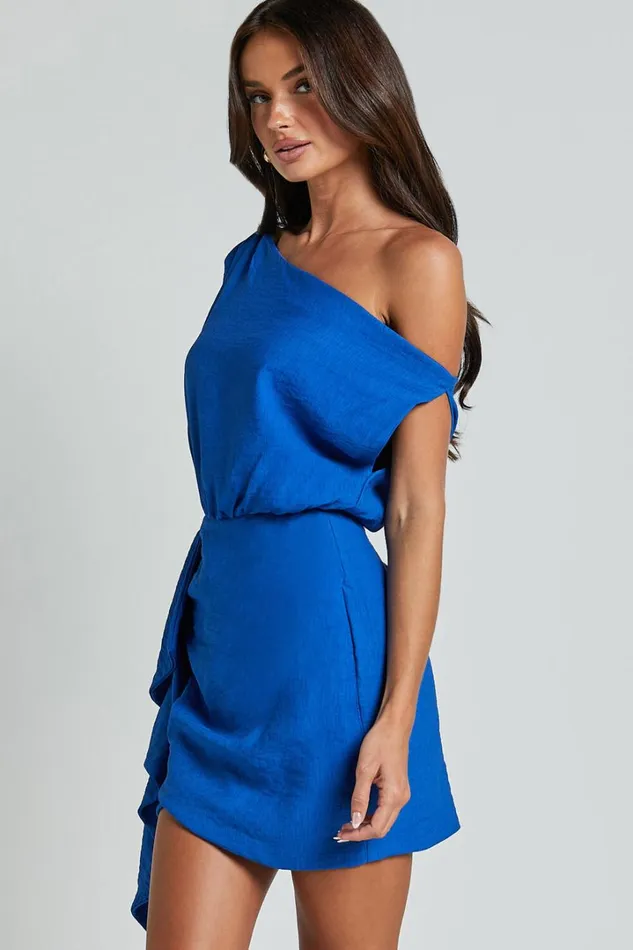 Niana Mini Dress 8211 Drape One Shoulder Dress In Blue Women Showpo Curve Clothes