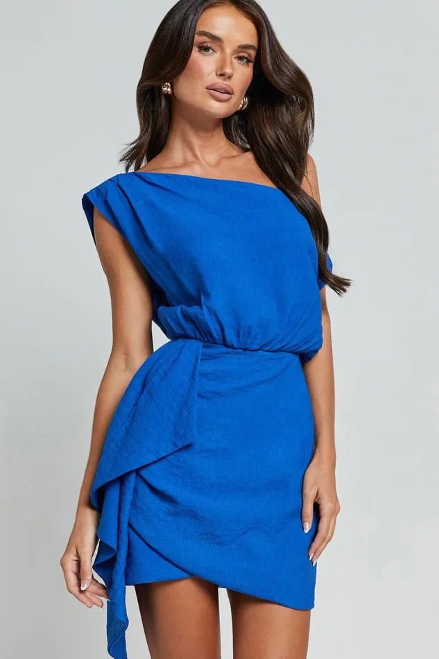 Niana Mini Dress 8211 Drape One Shoulder Dress In Blue Women Showpo Curve Clothes