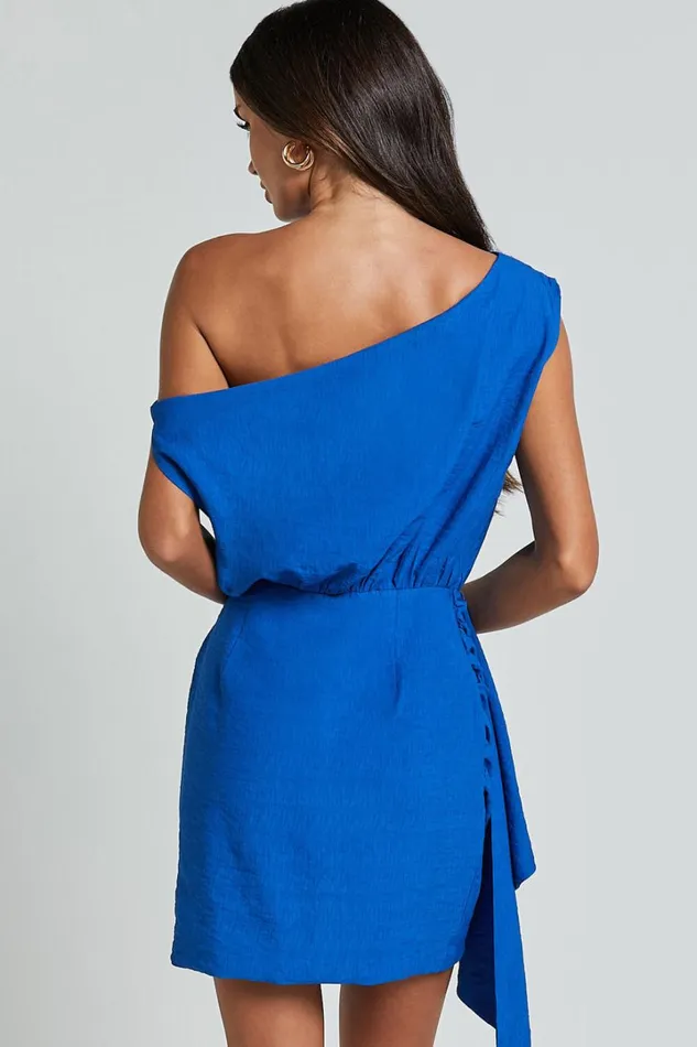 Niana Mini Dress 8211 Drape One Shoulder Dress In Blue Women Showpo Curve Clothes