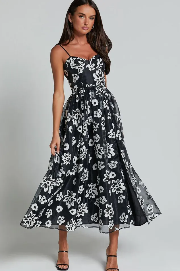 Nikky Midi Dress 8211 Organza Full Skirt Dress In Black Floral Women Showpo Dresses