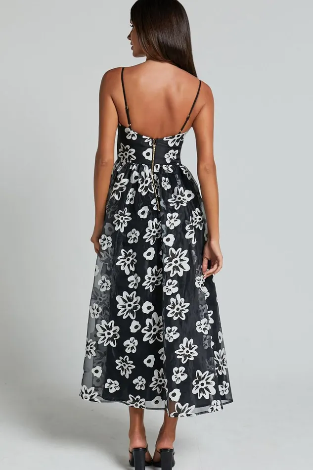Nikky Midi Dress 8211 Organza Full Skirt Dress In Black Floral Women Showpo Dresses