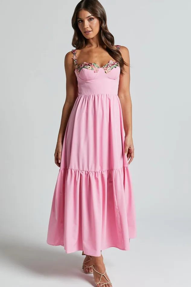 Nimfa Midi Dress 8211 Strappy Floral Detail Tiered Dress In Pink Women Showpo Dresses