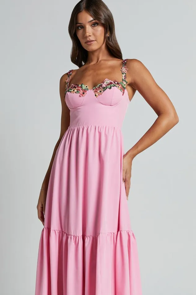 Nimfa Midi Dress 8211 Strappy Floral Detail Tiered Dress In Pink Women Showpo Dresses