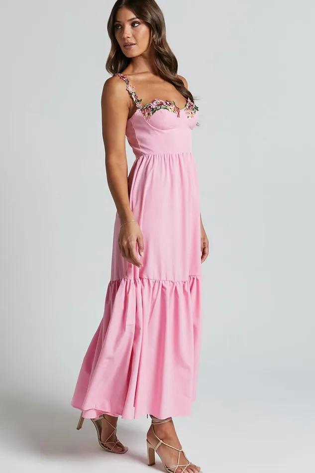 Nimfa Midi Dress 8211 Strappy Floral Detail Tiered Dress In Pink Women Showpo Dresses
