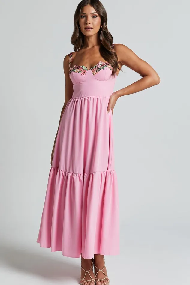 Nimfa Midi Dress 8211 Strappy Floral Detail Tiered Dress In Pink Women Showpo Dresses