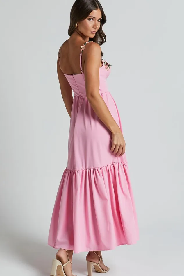 Nimfa Midi Dress 8211 Strappy Floral Detail Tiered Dress In Pink Women Showpo Dresses