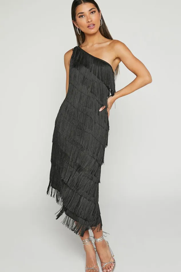 Odette Midi Dress 8211 One Shoulder Fringing Detail In Black Women Showpo Dresses