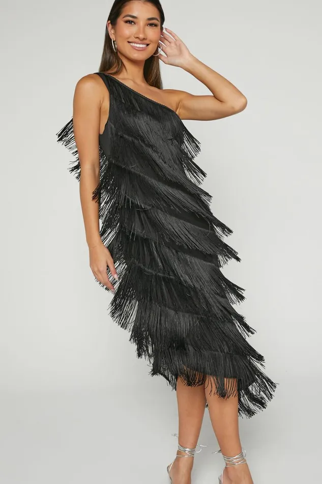 Odette Midi Dress 8211 One Shoulder Fringing Detail In Black Women Showpo Dresses