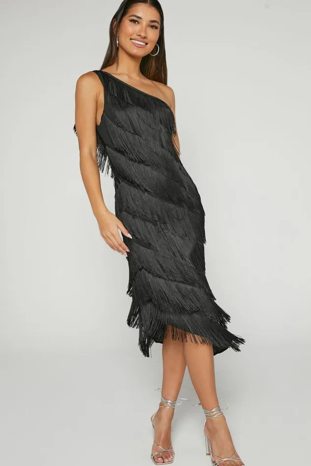 Odette Midi Dress 8211 One Shoulder Fringing Detail In Black Women Showpo Dresses