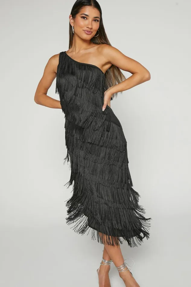 Odette Midi Dress 8211 One Shoulder Fringing Detail In Black Women Showpo Dresses