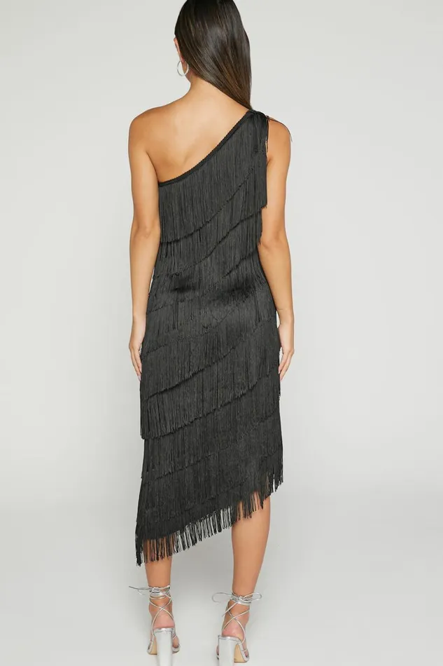 Odette Midi Dress 8211 One Shoulder Fringing Detail In Black Women Showpo Dresses