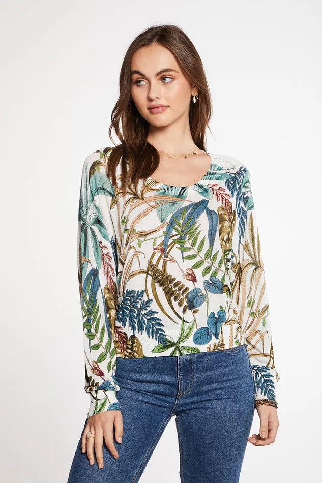 Outerwear Viscose Blend Botanical Print Oversized Long Sleeve Raglan Pullover Sweater Chaser Brand Womens