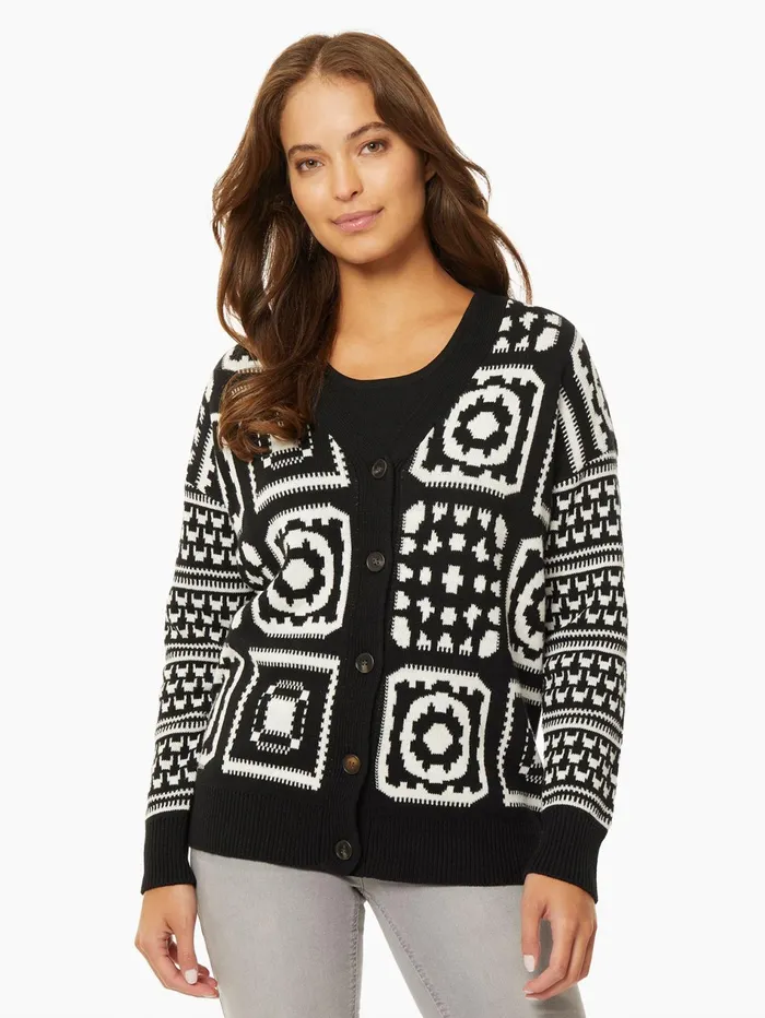 Patchwork Pattern Jacquard Boyfriend Cardigan Women Jones New York Sale