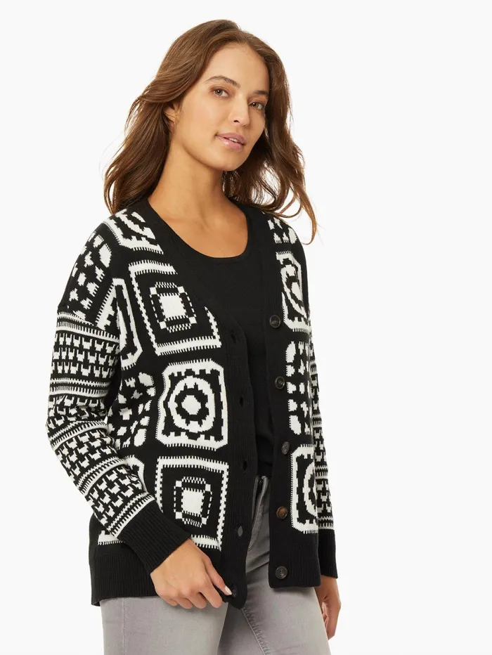Patchwork Pattern Jacquard Boyfriend Cardigan Women Jones New York Sale Patchwork Pattern Jacquard Boyfriend Cardigan Women Jones New York Sale