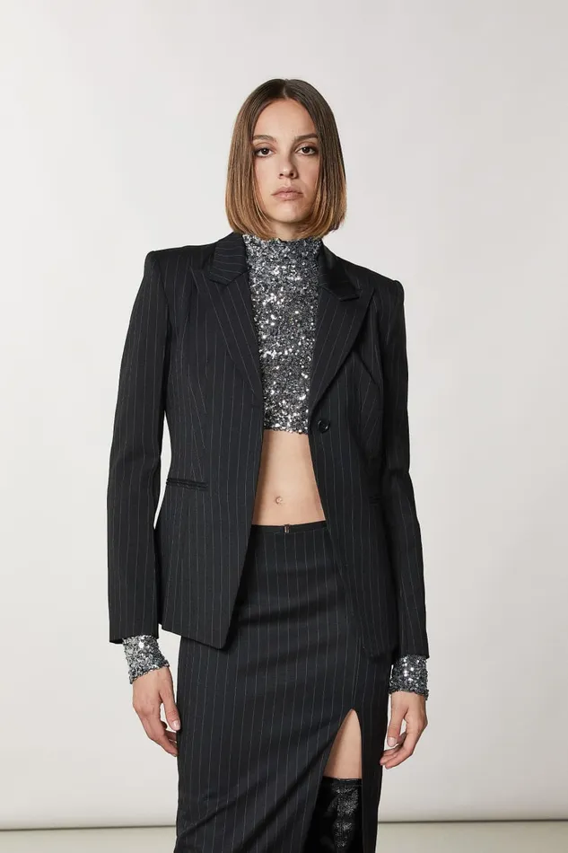 Patrizia Pepe Black Onebutton Flannel Jacket Black Stripes Apparel Blazers