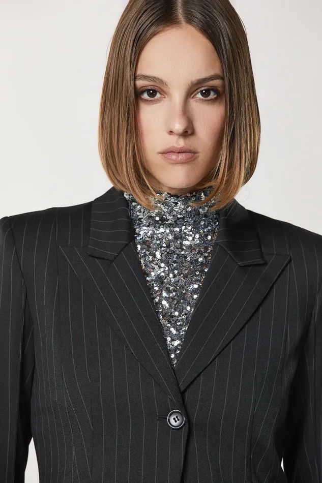 Patrizia Pepe Black Onebutton Flannel Jacket Black Stripes Apparel Blazers