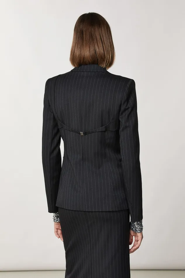 Patrizia Pepe Black Onebutton Flannel Jacket Black Stripes Apparel Blazers