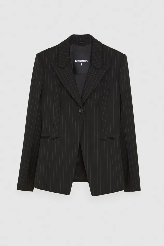Patrizia Pepe Black Onebutton Flannel Jacket Black Stripes Apparel Blazers
