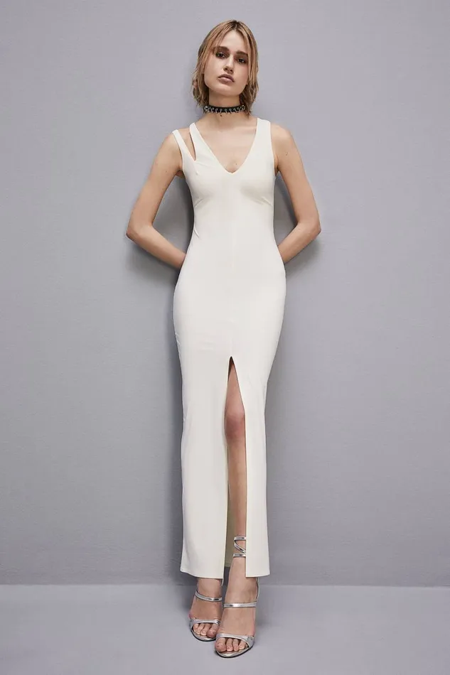 Patrizia Pepe Essential Technical Jersey Vneck Dress White Raw White Apparel Long