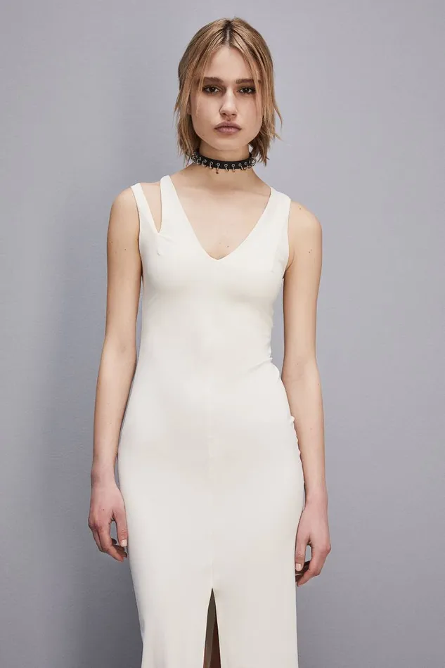 Patrizia Pepe Essential Technical Jersey Vneck Dress White Raw White Apparel Long