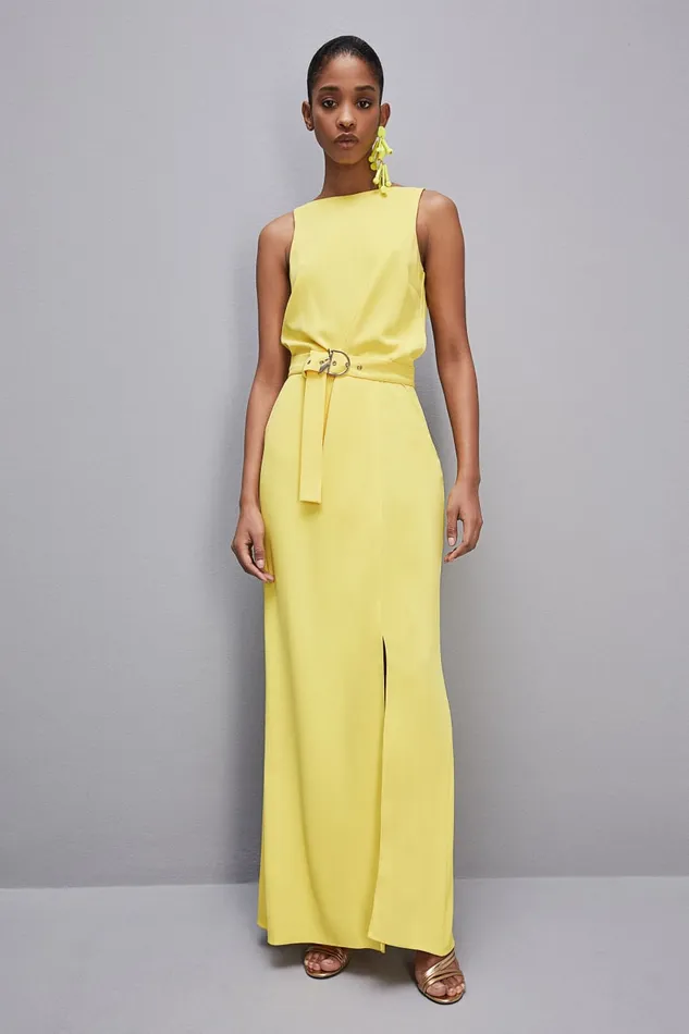 Patrizia Pepe Extra Long Soft Sleeveless Dress In Twill Yellow Dynamic Yellow Apparel Long