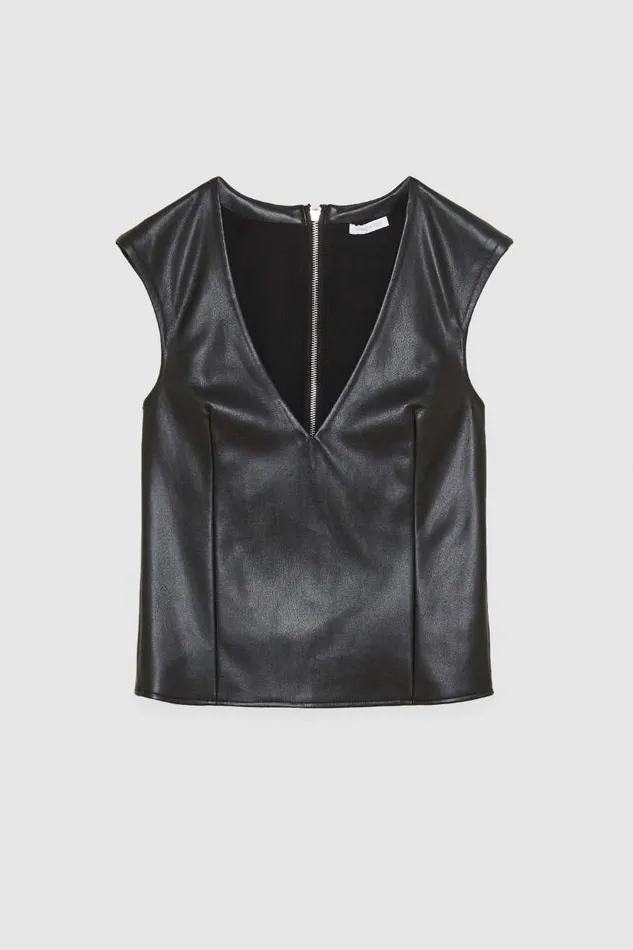 Patrizia Pepe Faux Leather Tunic With Zipper Black Nero Apparel Tops