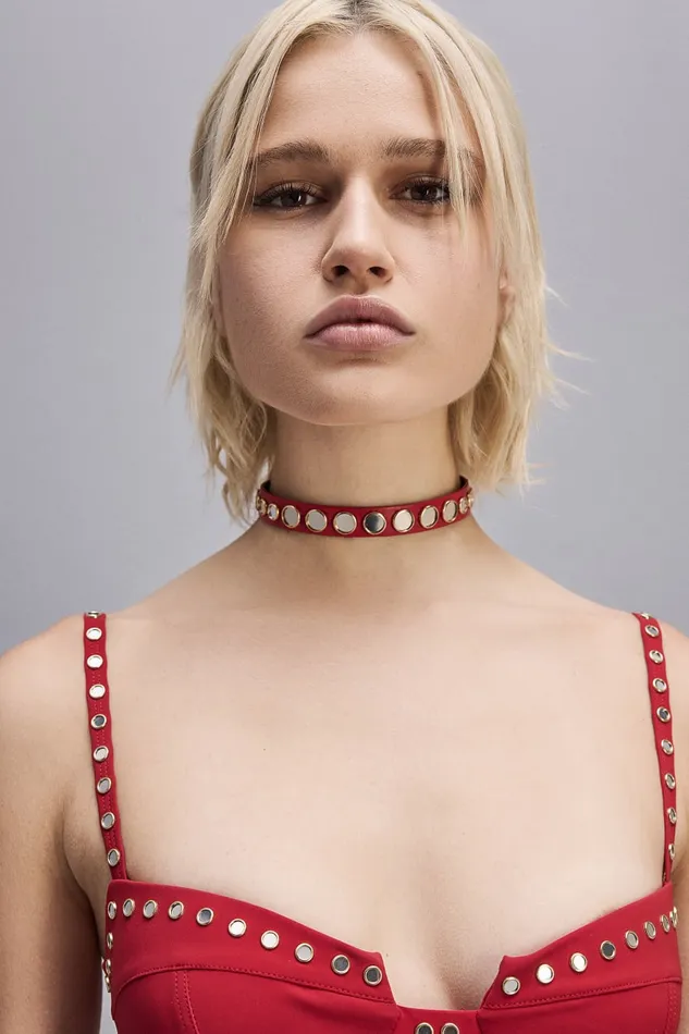 Patrizia Pepe Leather Choker With Micro Mirrors Red Red Heart Accessories