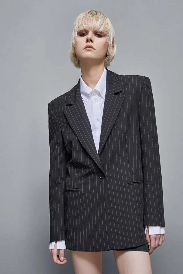 Patrizia Pepe Pinstriped Onebutton Flannel Blazer Black Black Stripes Apparel Blazers