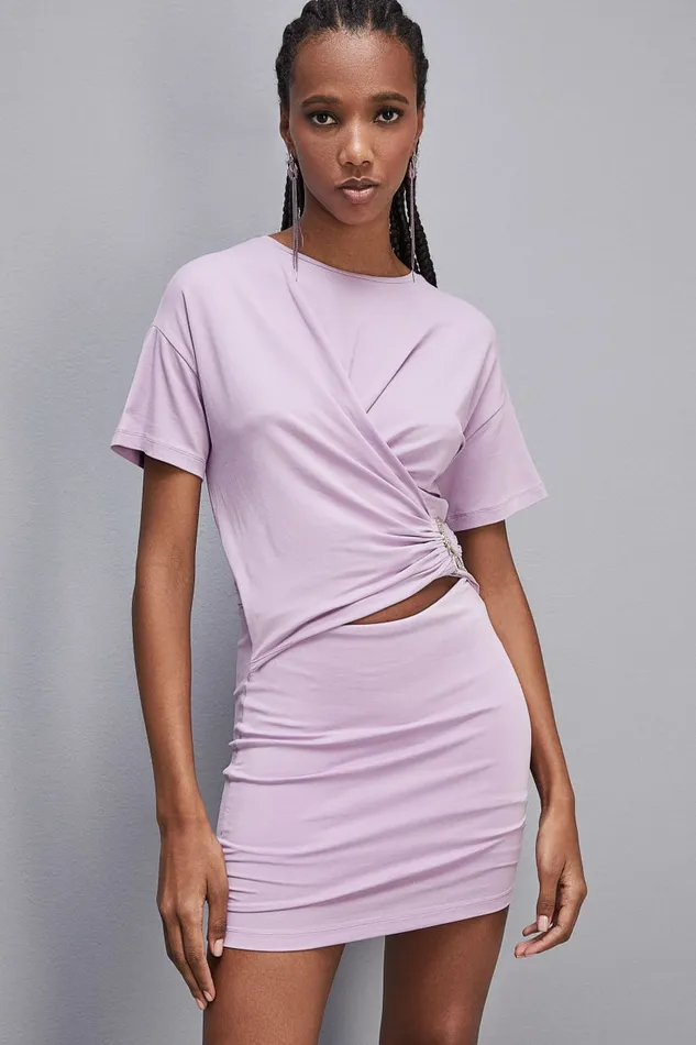 Patrizia Pepe Shortsleeved Mini Dress With New Rhinestone Fly Purple Iris Lilac Apparel Mini