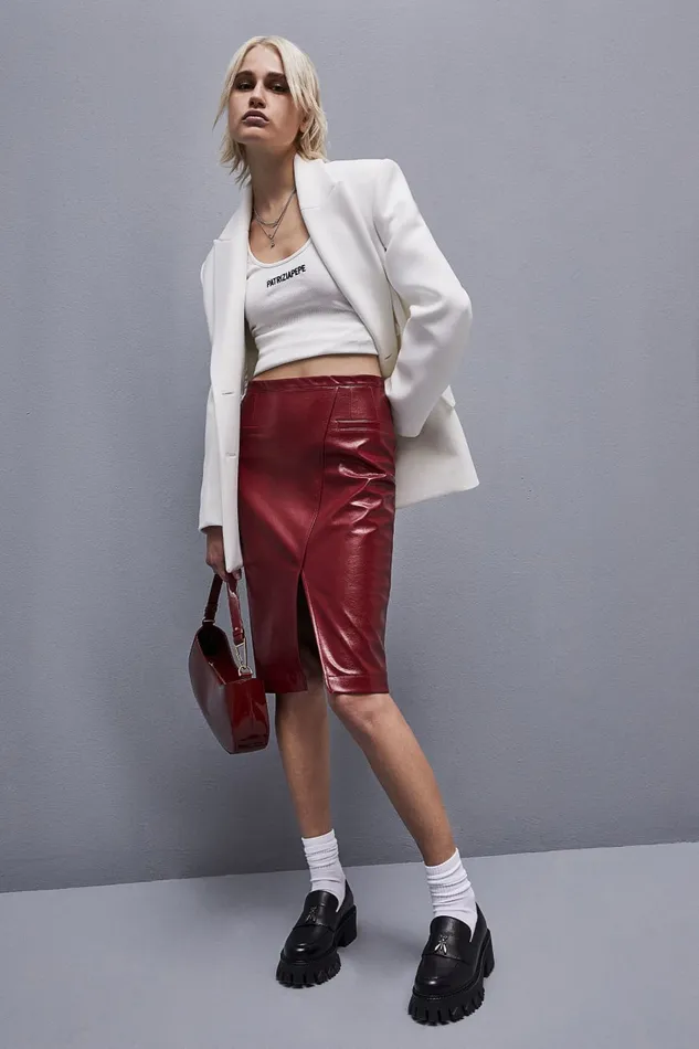 Patrizia Pepe Slim Patent Leather Midi Skirt Red Cherry Bomb Apparel Midi