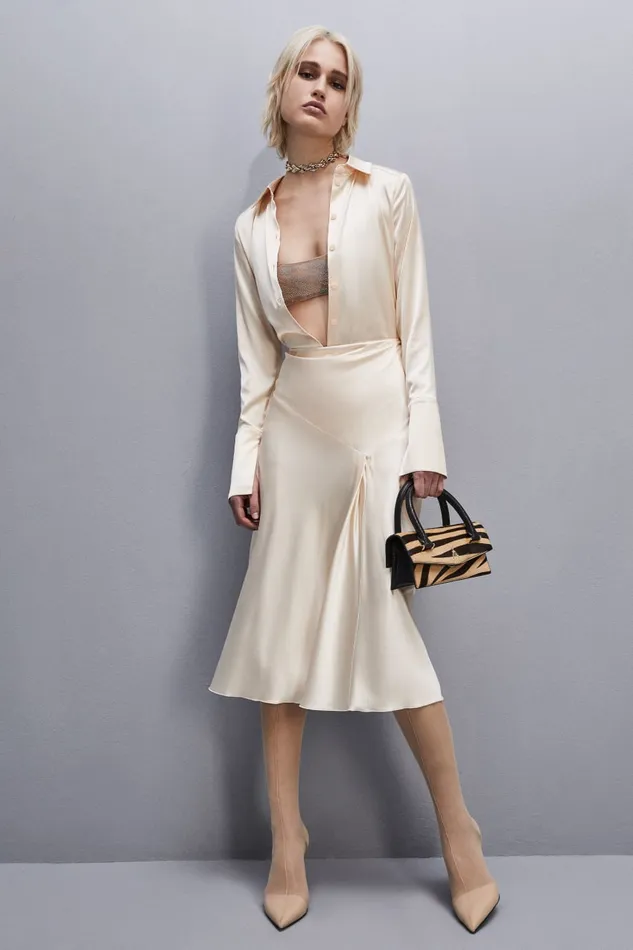 Patrizia Pepe Viscose Satin Midi Skirt Beige Ivory Skin Apparel Midi