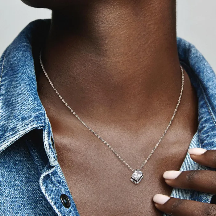 Pendant Necklaces Women Pandora Rectangular Sparkling Halo Collier Necklace