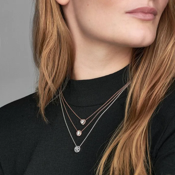 Pendant Necklaces Women Pandora Round Sparkle Halo Necklace Rose Gold Plated