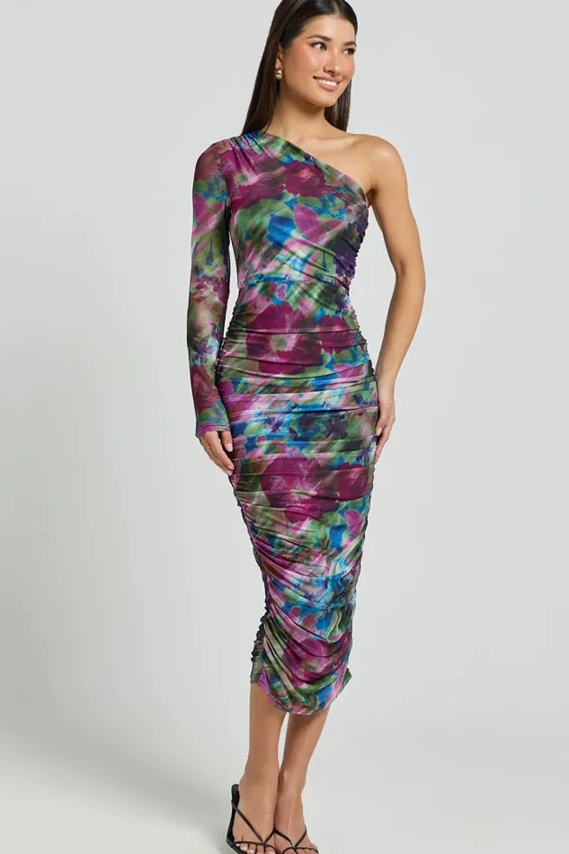 Pepper Midi Dress 8211 One Shoulder Ruched Mesh Dress In Ethereal Iris Print Women Showpo Curve Clothes
