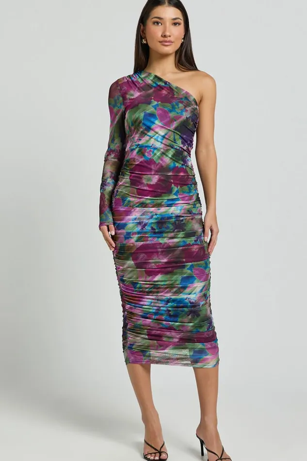Pepper Midi Dress 8211 One Shoulder Ruched Mesh Dress In Ethereal Iris Print Women Showpo Curve Clothes