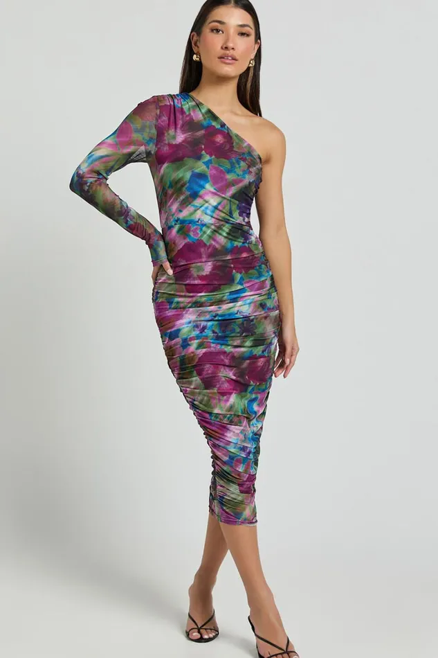 Pepper Midi Dress 8211 One Shoulder Ruched Mesh Dress In Ethereal Iris Print Women Showpo Curve Clothes