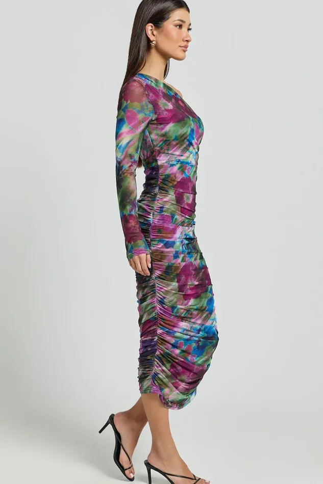 Pepper Midi Dress 8211 One Shoulder Ruched Mesh Dress In Ethereal Iris Print Women Showpo Curve Clothes
