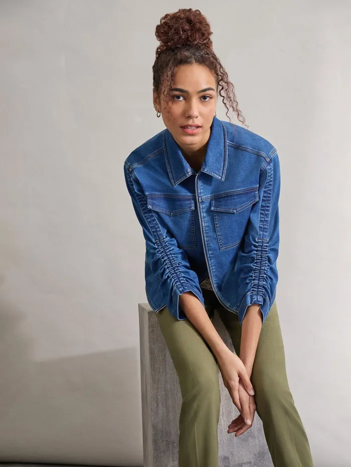 Petite Shirred Sleeve City Denim Jacket Shore Wash Women Jones New York Petite Outerwear