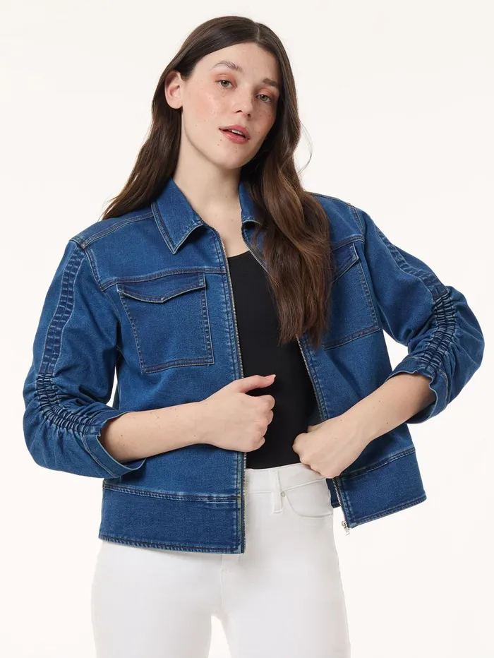 Petite Shirred Sleeve City Denim Jacket Shore Wash Women Jones New York Petite Outerwear Petite Shirred Sleeve City Denim Jacket Shore Wash Women Jones New York Petite Outerwear