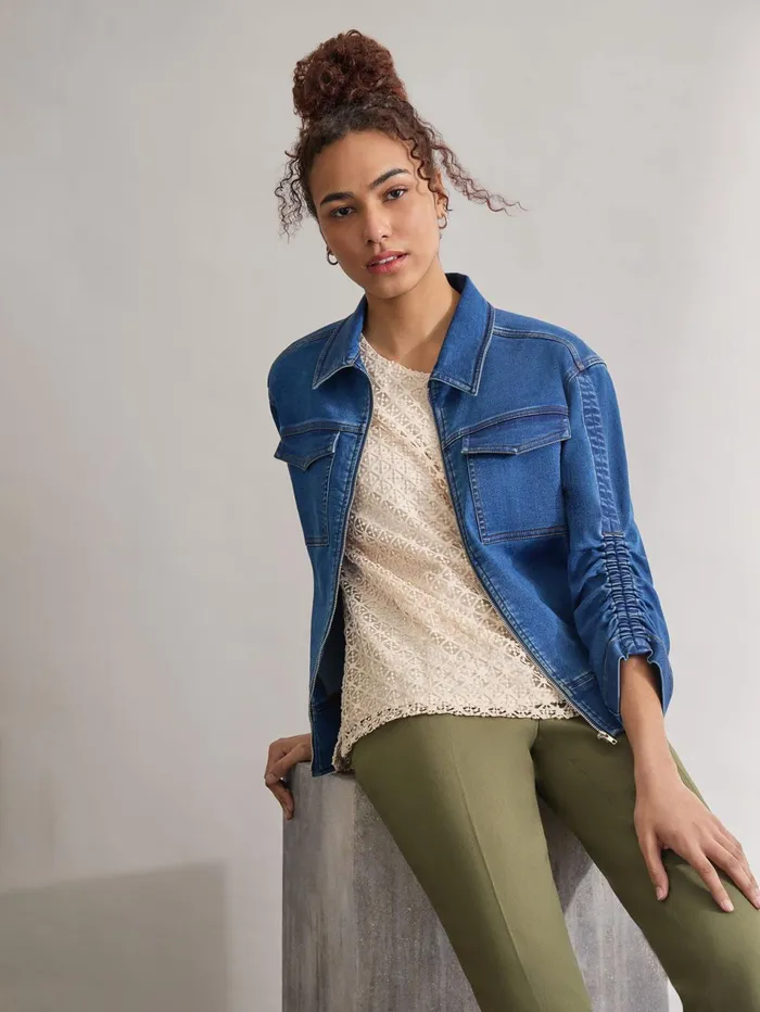 Petite Shirred Sleeve City Denim Jacket Shore Wash Women Jones New York Petite Outerwear Petite Shirred Sleeve City Denim Jacket Shore Wash Women Jones New York Petite Outerwear