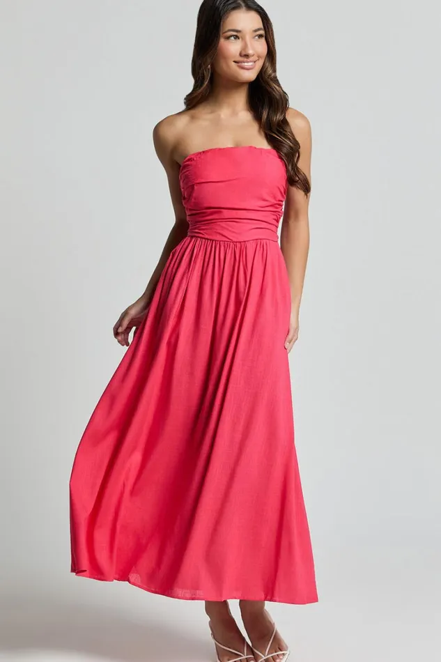 Polly Midi Dress 8211 Strapless Ruched Dress In Lipstick Pink Women Showpo Dresses