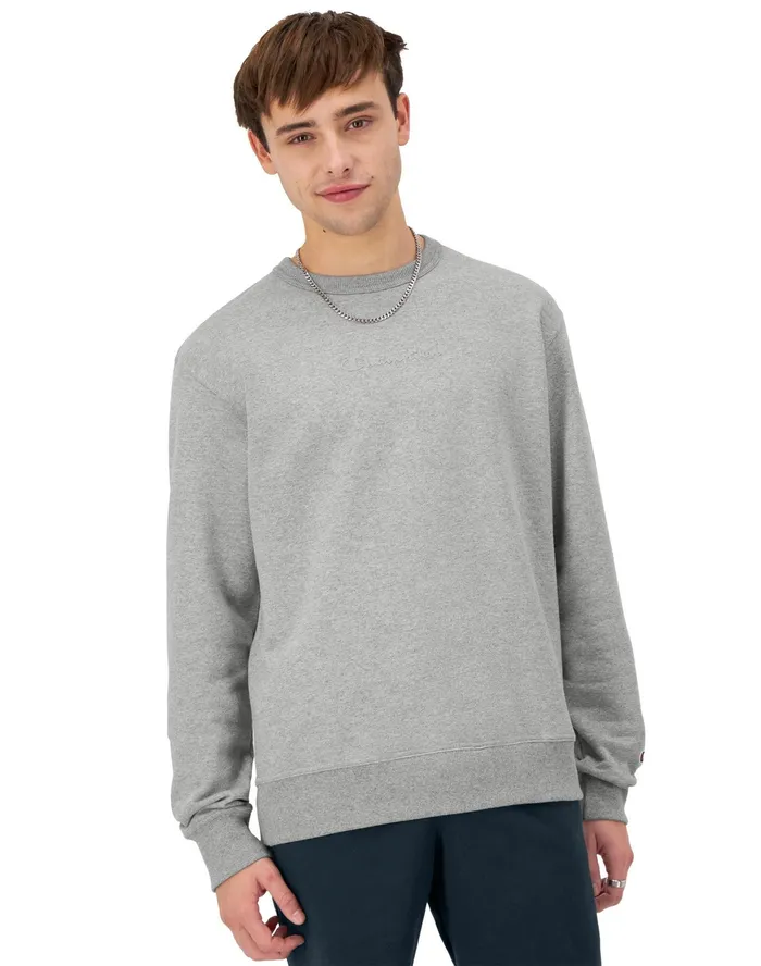 Powerblend Crewneck Script Logo Oxford Grey Men Champion Hoodies and Sweatshirts