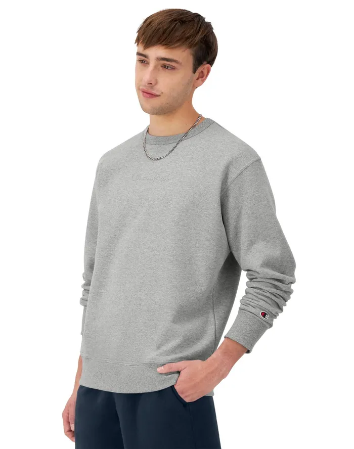 Powerblend Crewneck Script Logo Oxford Grey Men Champion Hoodies and Sweatshirts