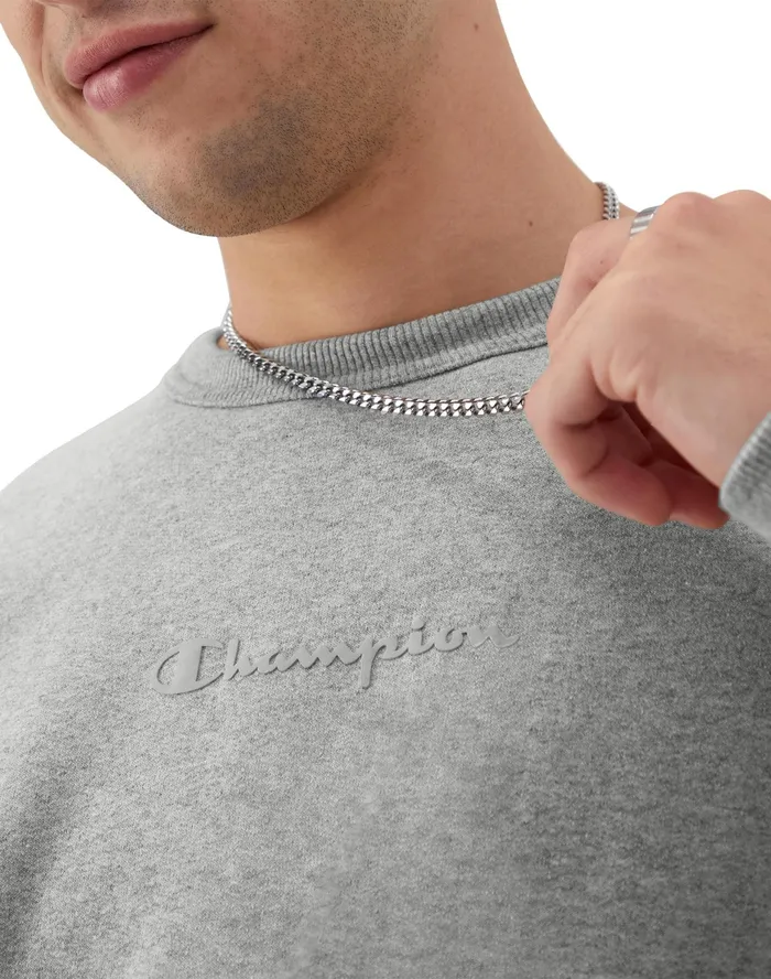 Powerblend Crewneck Script Logo Oxford Grey Men Champion Hoodies and Sweatshirts