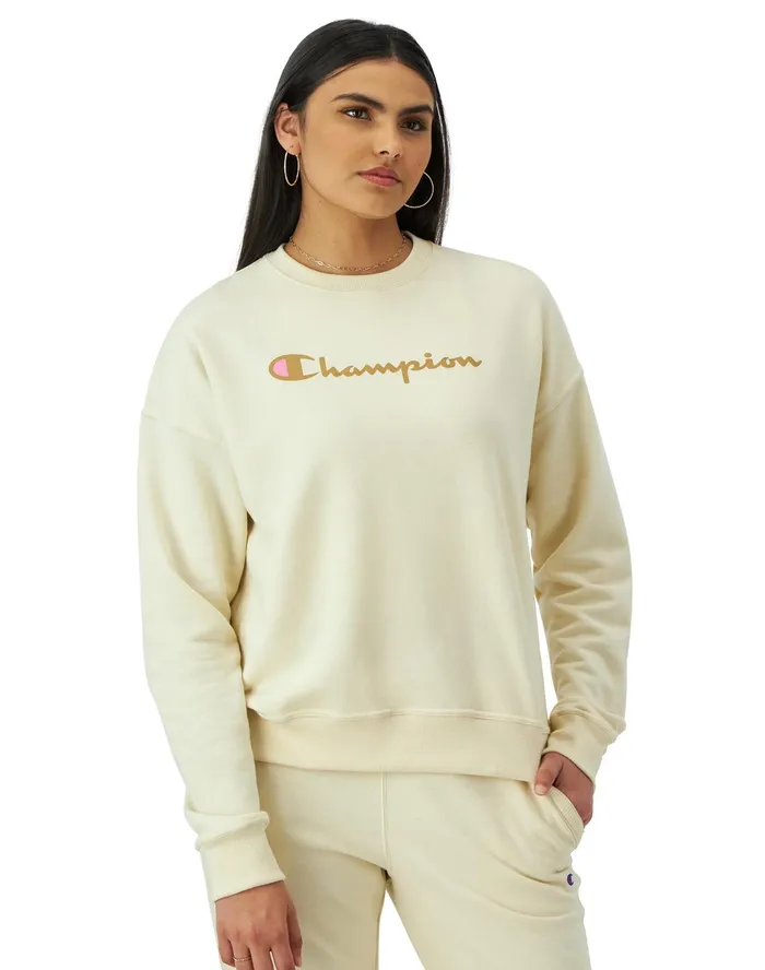 Powerblend Crewneck Sweatshirt Script Logo Fresh Tan Women Champion Hoodies and Sweatshirts Powerblend Crewneck Sweatshirt Script Logo Fresh Tan Women Champion Hoodies and Sweatshirts