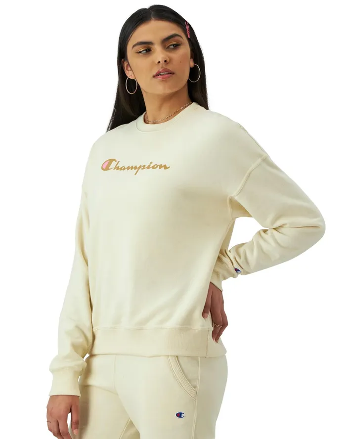 Powerblend Crewneck Sweatshirt Script Logo Fresh Tan Women Champion Hoodies and Sweatshirts