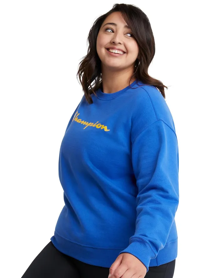 Powerblend Crewneck Sweatshirt Script Logo Plus Size Deep Dazzling Blue Women Champion Hoodies and Sweatshirts